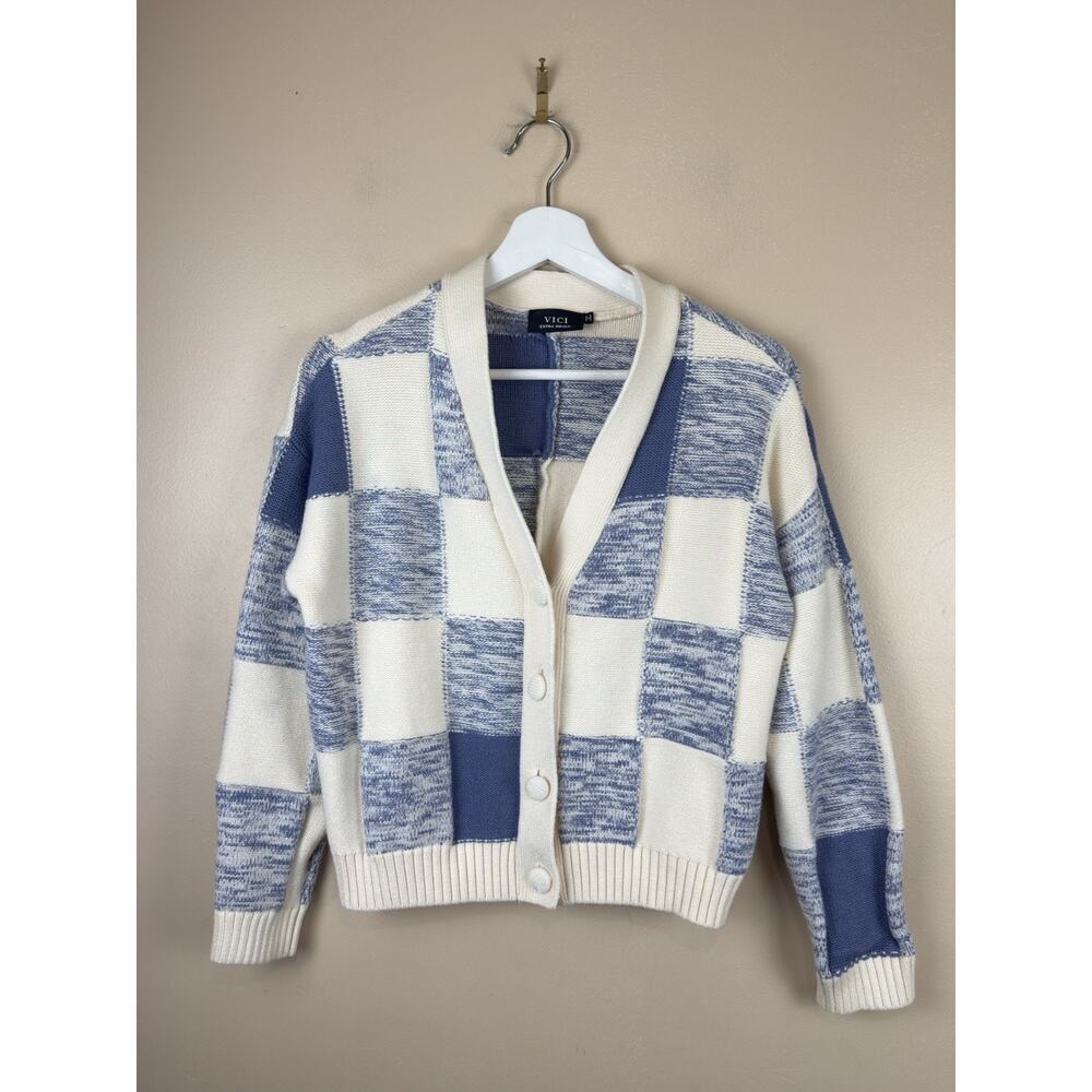 VICI Cream Blue Plaid Cardigan Sweater Soft Academia Clueless Preppy Size XS